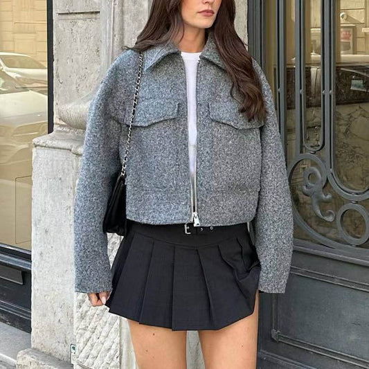 Woolen Short Jacket Polo Collar