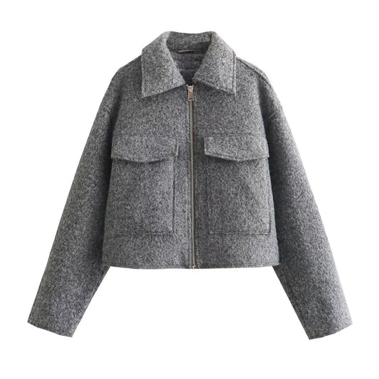 Woolen Short Jacket Polo Collar