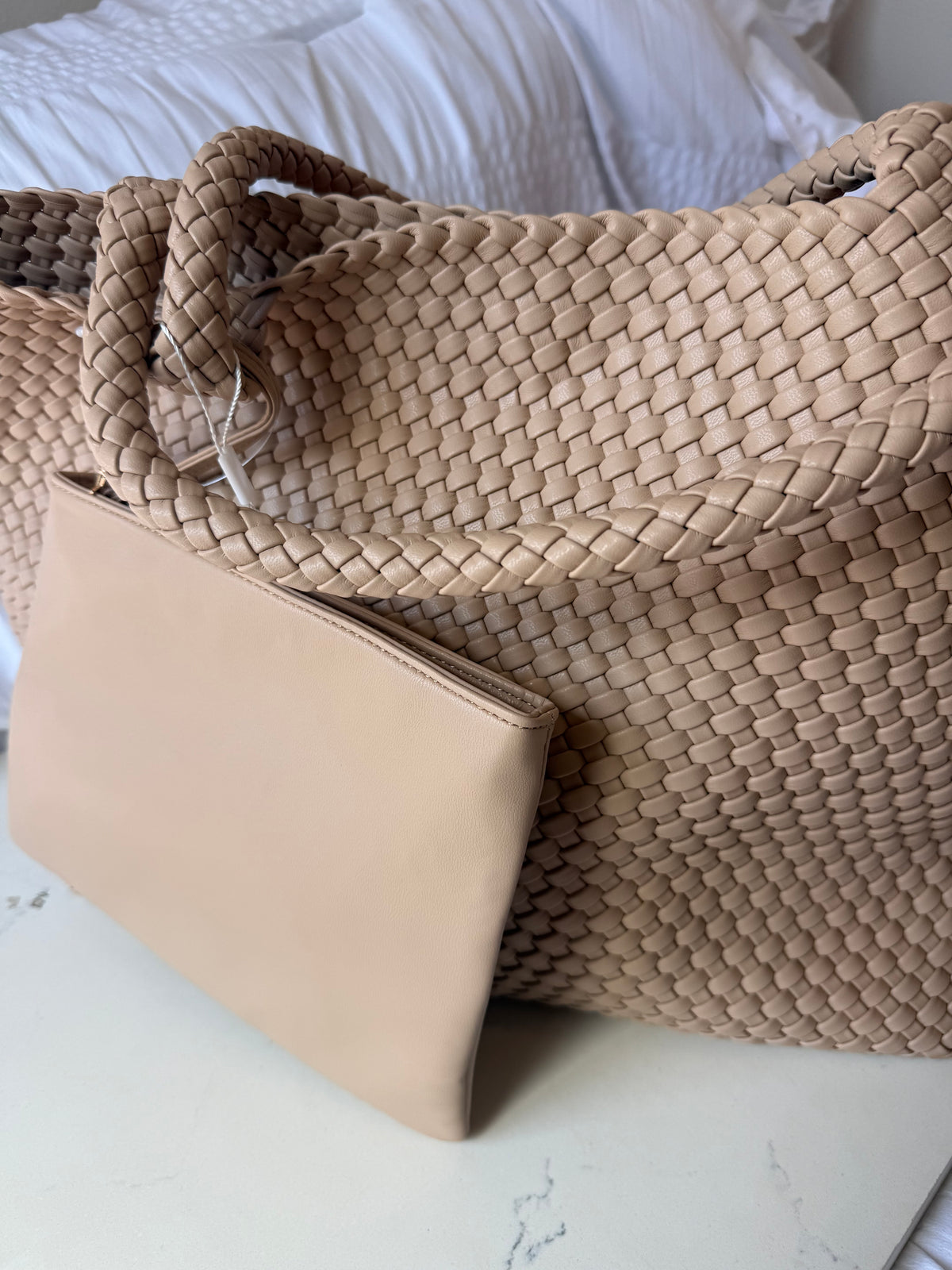 Beige Woven Tote Bag